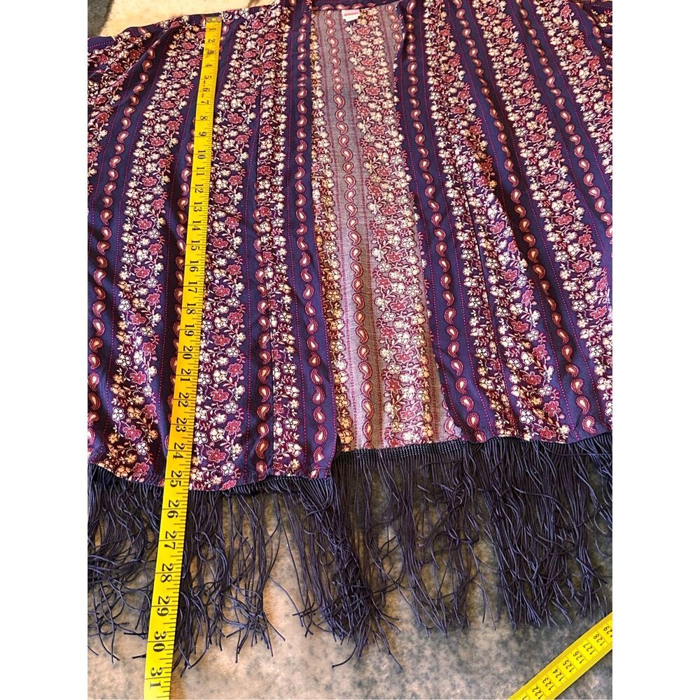 Bongo Blue Red White Scarf Print Fringe Kimono Jacket Women Juniors S/M - Picture 10 of 11